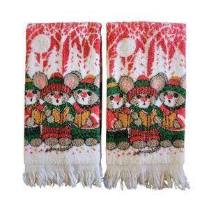 Vintage Christmas Holiday Kitchen Hand Towel Cloth Set Of 2 Singing Festive Mice